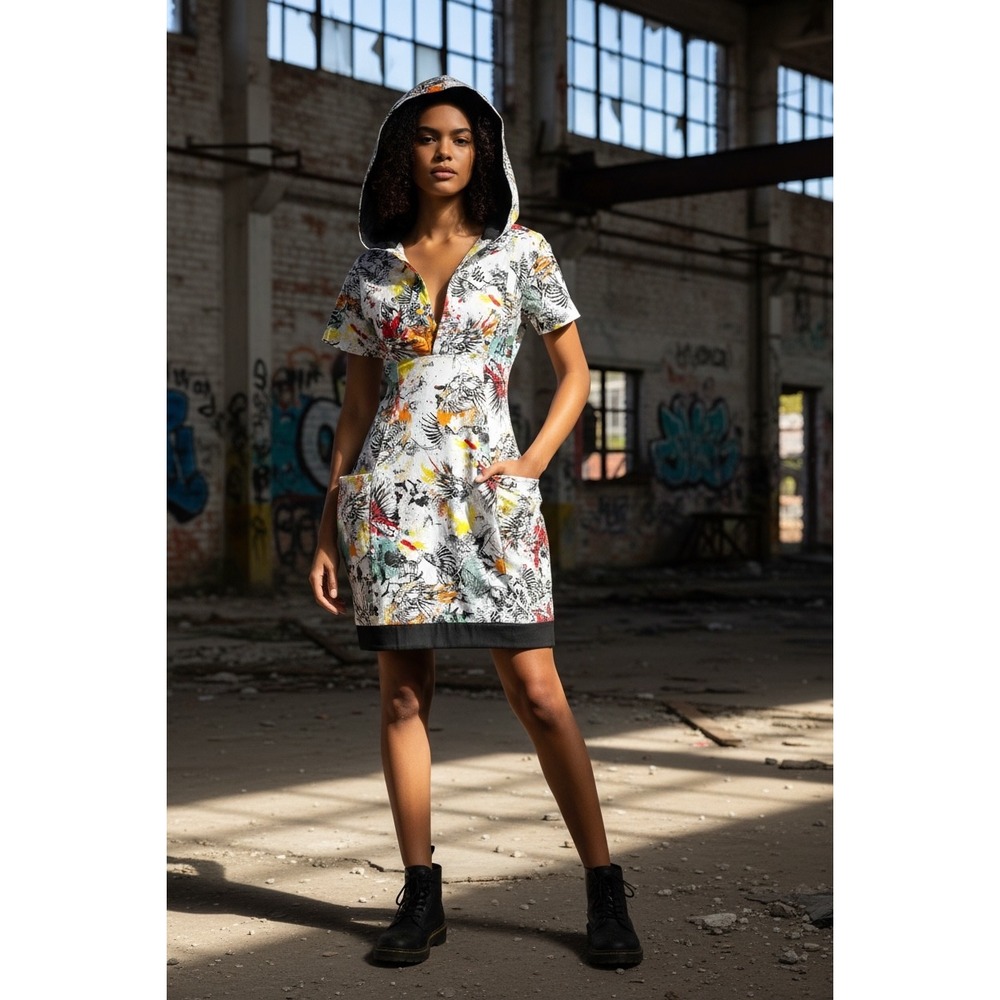Vtg Pakalolo Marisol Hooded Dress Bird Print Utility Pockets Y2K‎ Streetwear, S